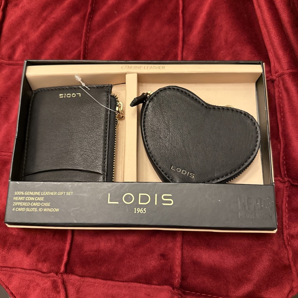 Lodis Black Genuine Leather Heart Coin Case and Zippered Card Case Gift Set RFID